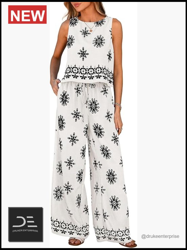 2 Piece Lounge Set Sleeveless Tank Top Wide Leg Pants Pockets Boho Summer